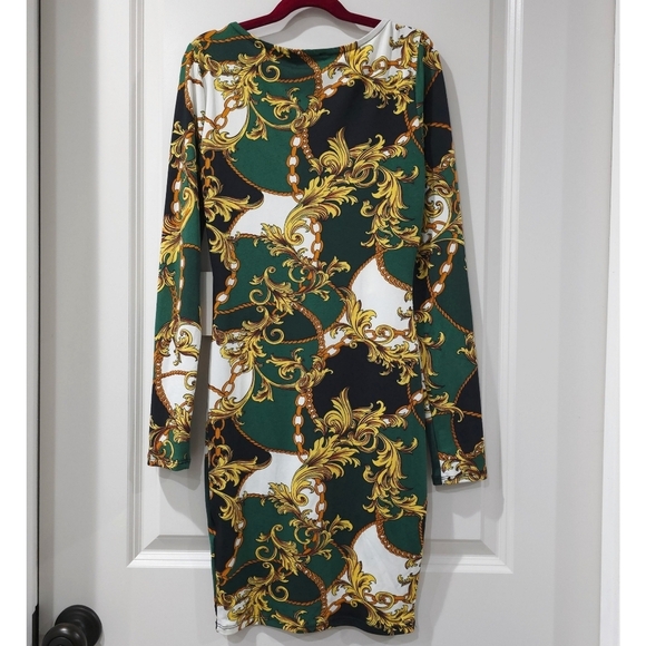 IRIS Long Sleeve Square Neck Bodycon Mini Dress in Green with Gold Filagree, S - Picture 5 of 15